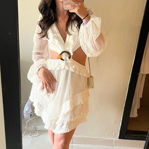 Luxxel White Mesh Cutout Ruffle Mini Dress